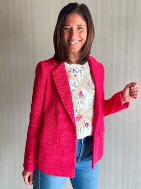 Addison Boutique Raspberry Pink Crochet Textured Lightweight Open Blazer NWOT